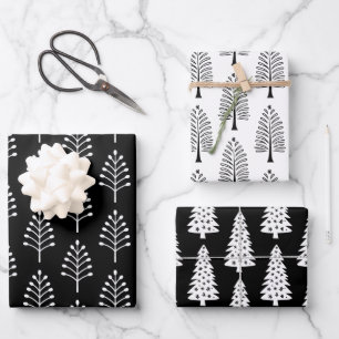 Elegant Black White Christmas Holiday Tree Pattern Wrapping Paper Sheet