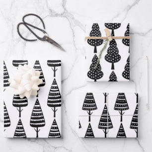 Elegant Black White Christmas Holiday Trees Wrapping Paper Sheet