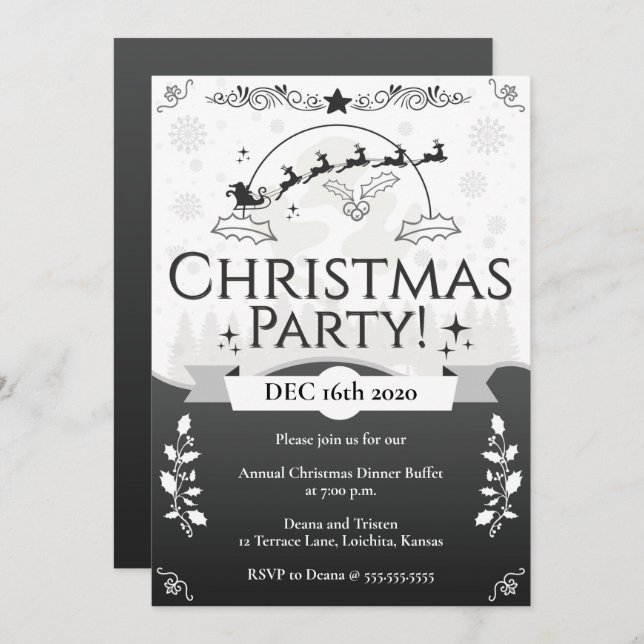 Elegant Black & White Christmas Party Invitation (Front/Back)