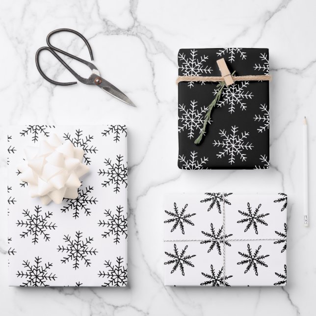 Elegant Black White Christmas Snowflake Pattern Wrapping Paper Sheet (Front)