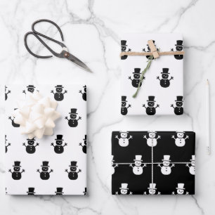 Elegant Black White Christmas Snowman Pattern Gift Wrapping Paper Sheet