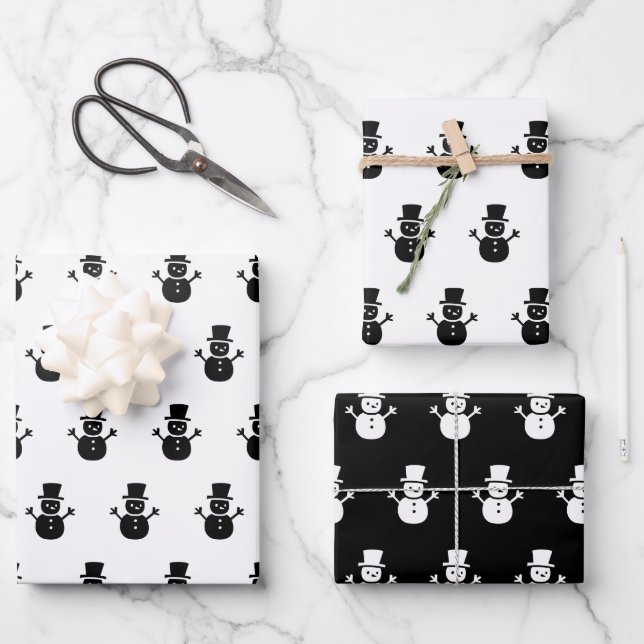 Elegant Black White Christmas Snowman Pattern Gift Wrapping Paper Sheet (Front)