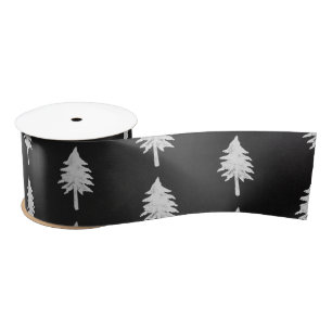 Elegant Black White Christmas Tree Pattern Satin Ribbon