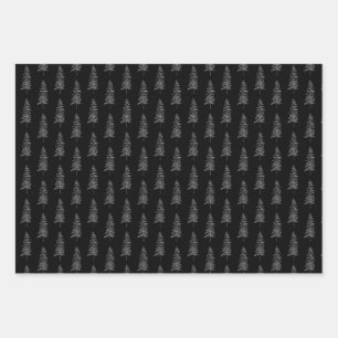 Elegant Black White Christmas Tree Pattern  Wrapping Paper Sheet