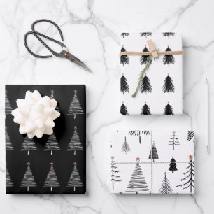 Elegant Black White Christmas Tree Pattern Wrapping Paper Sheet