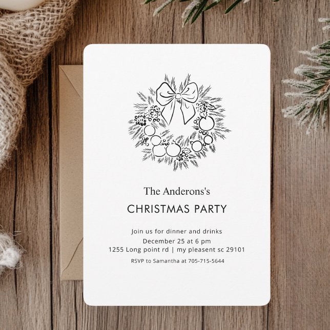 Elegant Black & White Christmas Wreath Party  Invitation (Creator Uploaded)