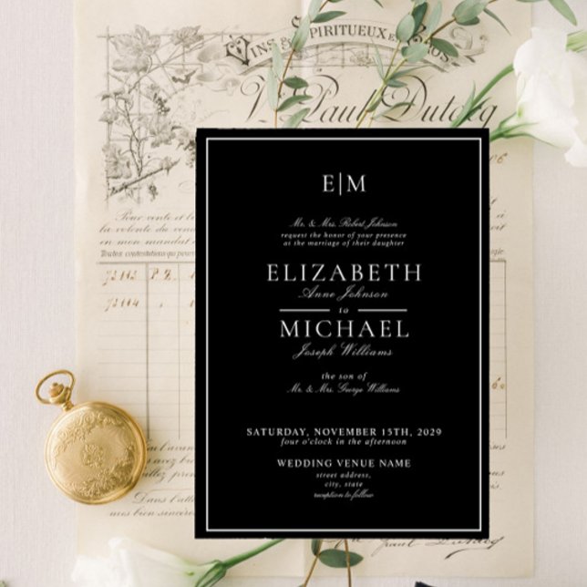 Elegant Black White Classic Monogram Wedding Invitation (Easily personalize this elegant, formal monogram invitation for your event. Part of a larger suite)