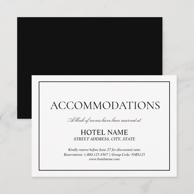 Elegant Black White Classic Script Accommodations Enclosure Card (Front/Back)