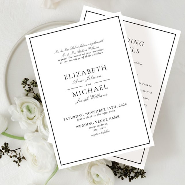 Elegant Black White Classic Script Details Wedding Invitation (Creator Uploaded)