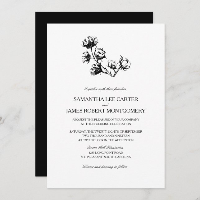 Elegant Black White Cotton Boll Plant Wedding Invitation (Front/Back)
