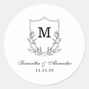 Elegant Black & White Crest Classic Round Sticker