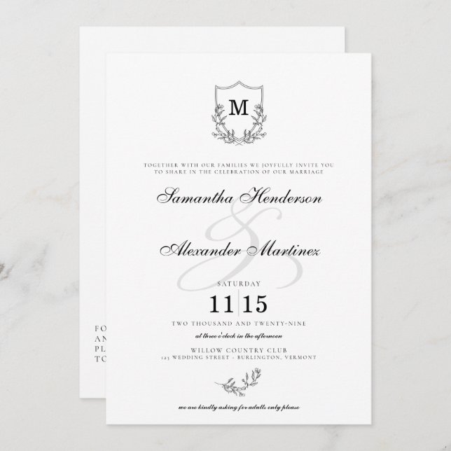 Elegant Black & White Crest Details & QR Wedding Invitation (Front/Back)