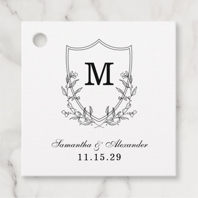 Elegant Black & White Crest Favour Tags (Front)