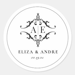 Elegant Black & White Crest Monogram Wedding Classic Round Sticker