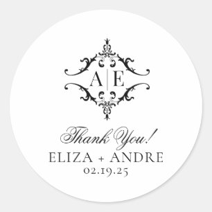 Elegant Black & White Crest Monogram Wedding Classic Round Sticker