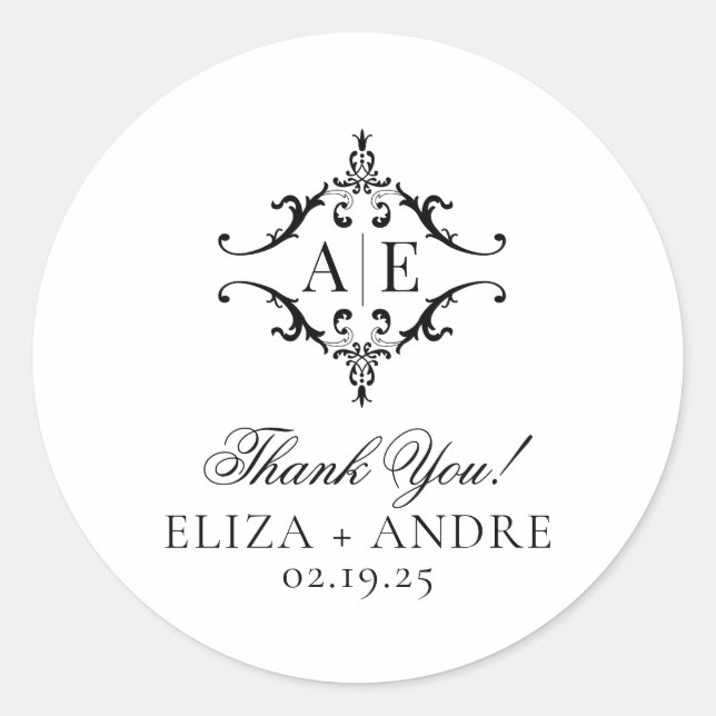 Elegant Black & White Crest Monogram Wedding  Classic Round Sticker (Front)