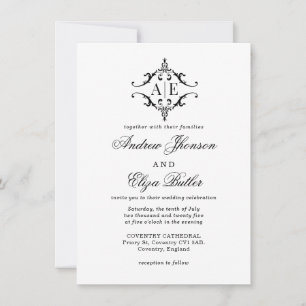 Elegant Black & White Crest Monogram Wedding  Invitation