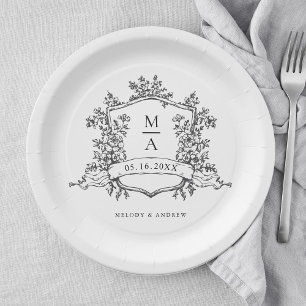 Elegant Black & White Crest Monogram Wedding Paper Plate