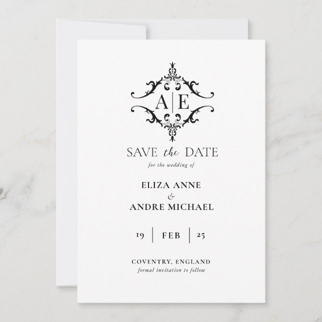 Elegant Black & White Crest Monogram Wedding  Save The Date (Front)