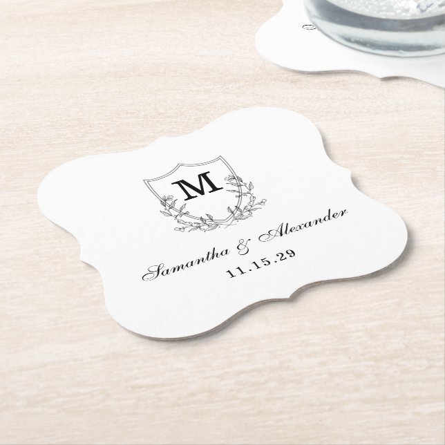 Elegant Black & White Crest Paper Coaster (Angled)