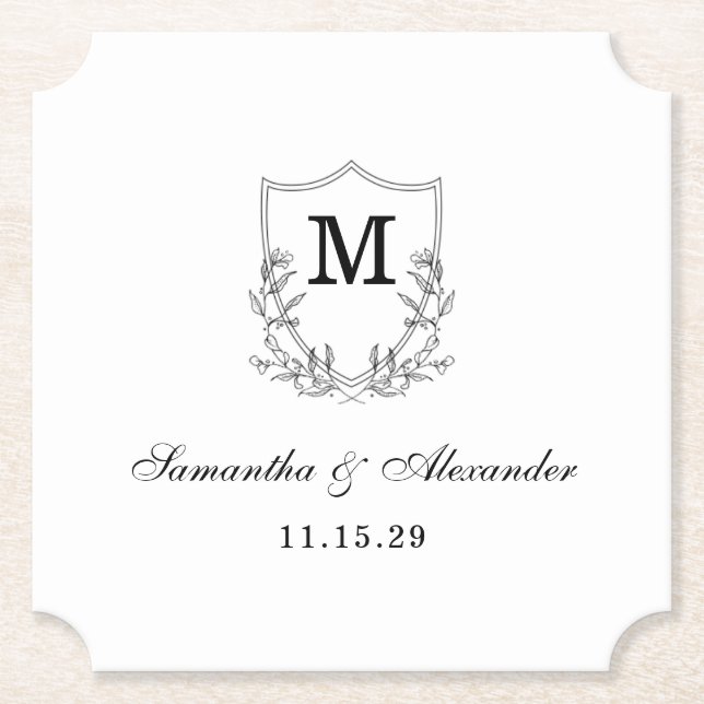Elegant Black & White Crest Paper Coaster (Front)