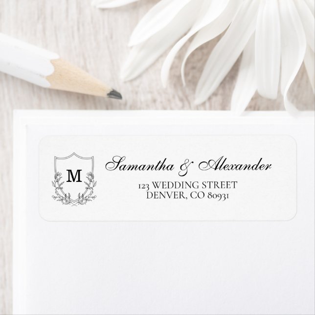 Elegant Black & White Crest Return Address Label (Insitu)