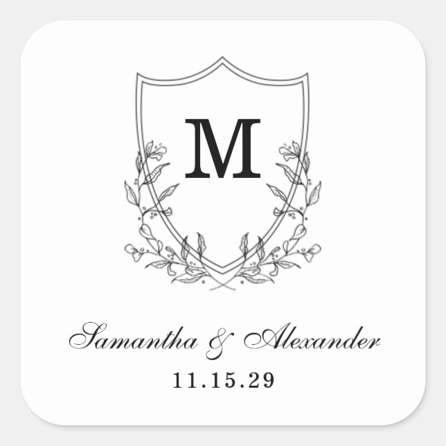 Elegant Black & White Crest Square Sticker (Front)