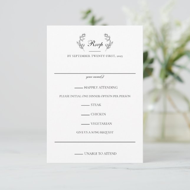 Elegant Black & White Crest Wedding RSVP Card (Standing Front)