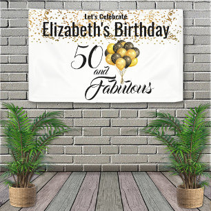 Elegant Black White Custom 50th Birthday Confetti Banner