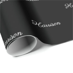 Elegant black white custom classic script name  wrapping paper