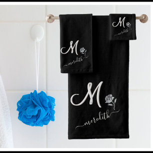 Elegant Black White Custom Monogram Name Flower Bath Towel Set