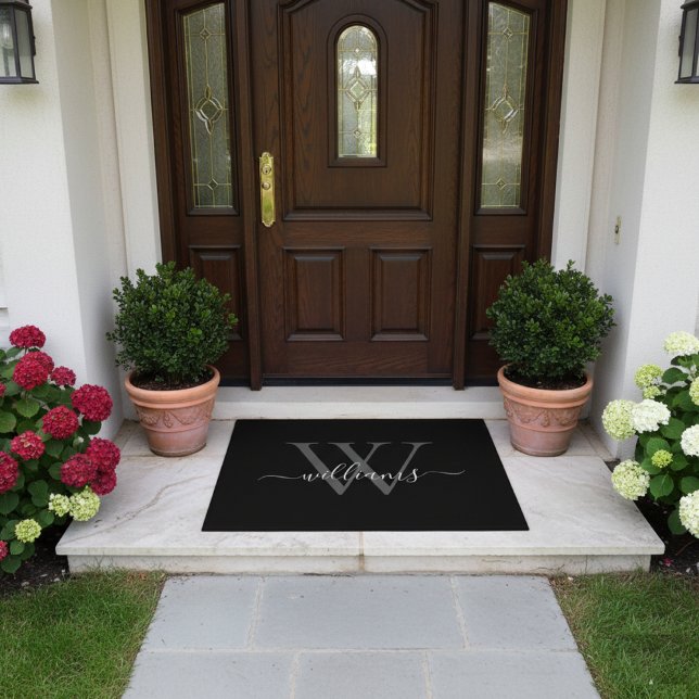 Elegant Black White Custom Monogram Script Name Doormat (Creator Uploaded)