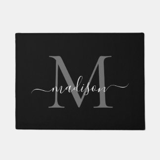 Elegant Black White Custom Monogram Script Name Doormat