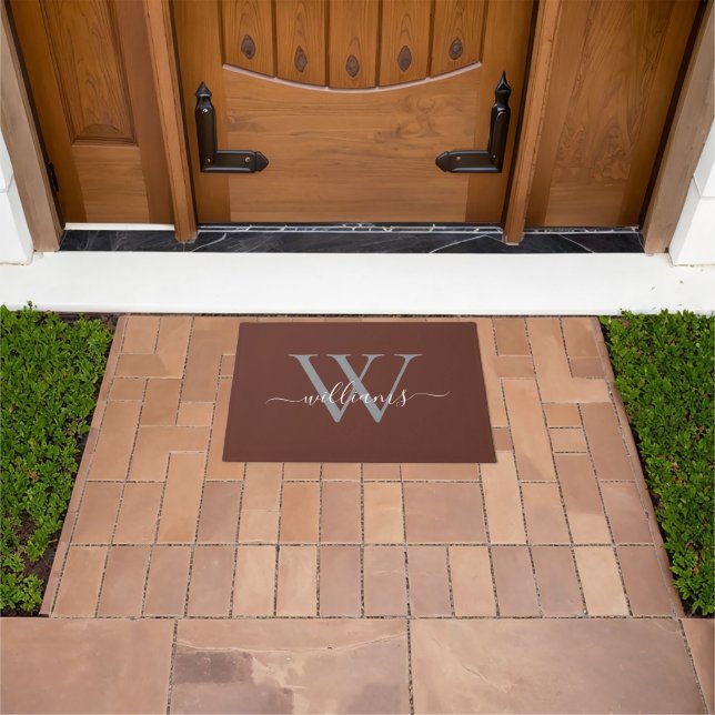 Elegant Black White Custom Monogram Script Name Doormat (Outdoor)