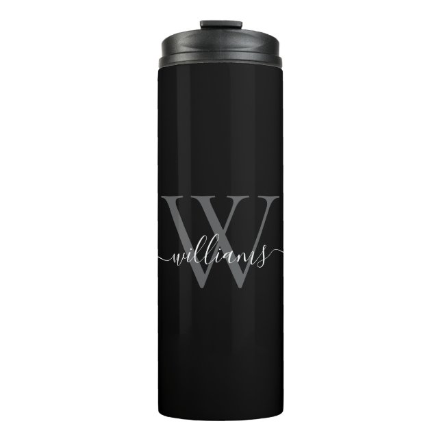 Elegant Black White Custom Monogram Script Name Thermal Tumbler (Front)