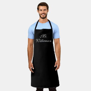 Elegant black white custom script Mr. Last Name Apron