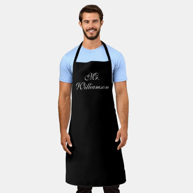 Elegant black white custom script Mr. Last Name Apron (Worn)