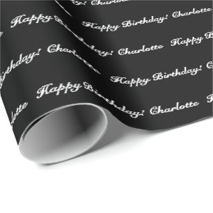 Elegant black & white custom script name birthday wrapping paper