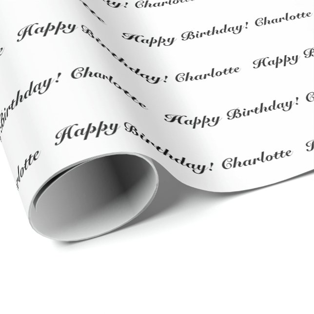 Elegant black white custom script name birthday wrapping paper (Roll Corner)