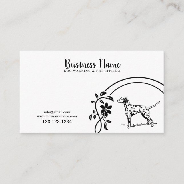 Elegant Black & White Dalmatian Floral Dog Walker  Business Card (Front)