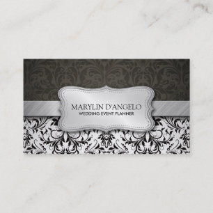 Elegant Black & White Damask and Metallic Silver Business Card