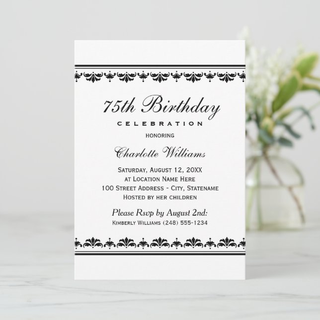Elegant Black White Damask Birthday Invitation (Standing Front)