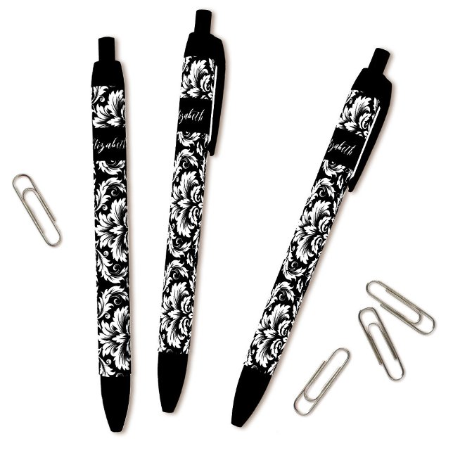 Elegant Black White Damask Black Ink Pen (Cute personalized black and white damask pattern pens go great with the matching journal.)