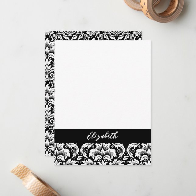 Elegant Black White Damask Card (Front/Back In Situ)