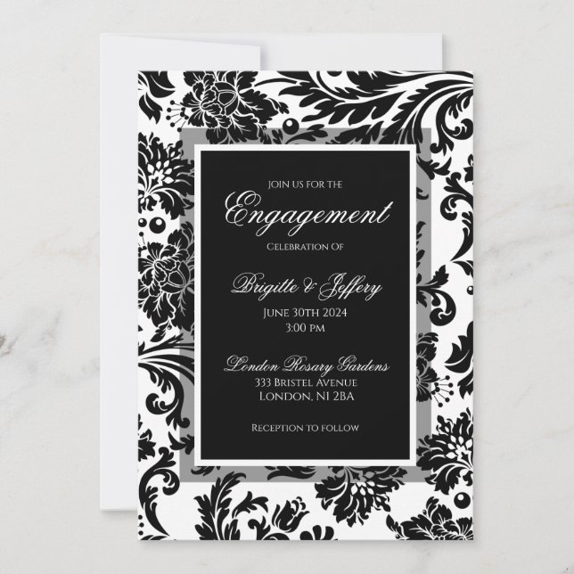 Elegant black & white damask engagement custom invitation (Front)
