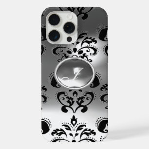 ELEGANT BLACK WHITE DAMASK GREY GEMSTONE MONOGRAM iPhone CASE