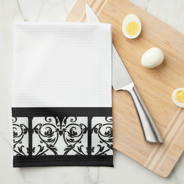 Elegant Black & White Damask Kitchen Towel (Quarter Fold)