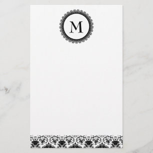 Elegant Black & White Damask Monogram Personalised Stationery