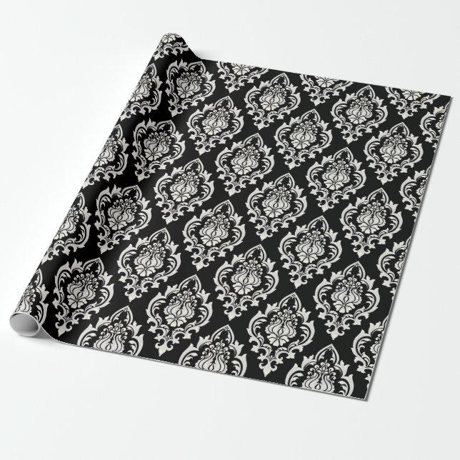 Elegant Black White Damask Pattern Luxury Wrapping Paper (Unrolled)