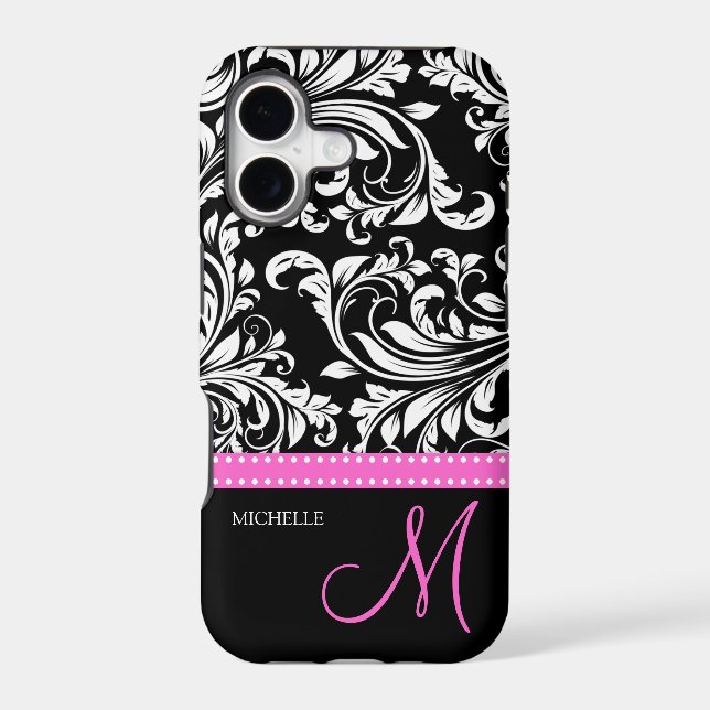 Elegant Black & White Damask Pattern with Monogram (Back)